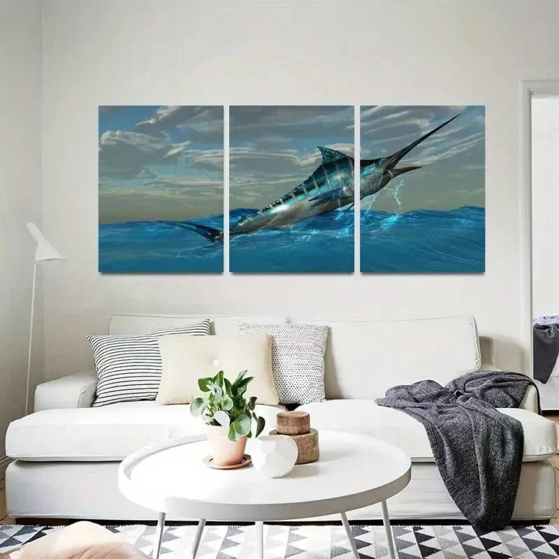 3pcs Blue Marlin Fish Bursts from Ocean Waters Metal Print Ready to Hang Art