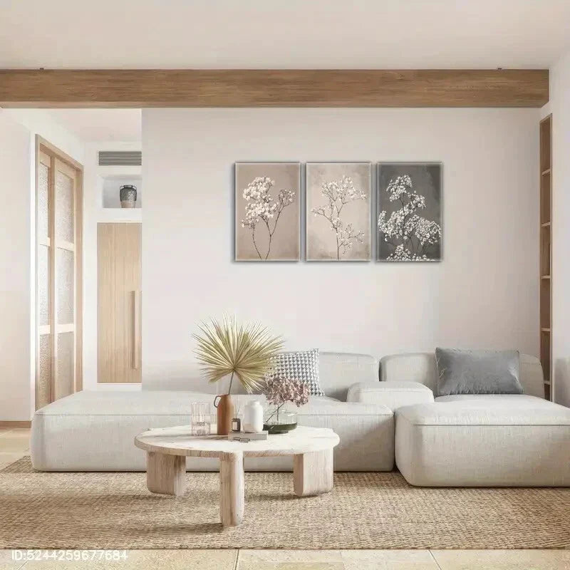 3pcs Small Florals Small White Flowers Gray Metal Print Ready to Hang Art
