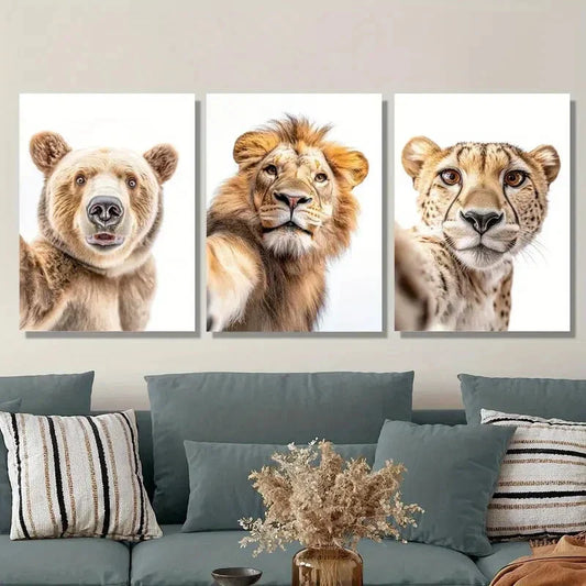 3pcs Animal Portraits of Bears, Lions, Leopards Metal Print Ready to Hang Art