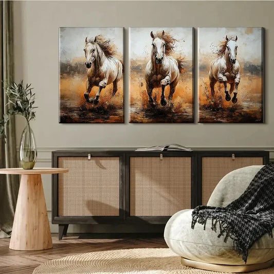 3pcs Galloping White Horse in Golden Landscape Metal Print Ready to Hang Art