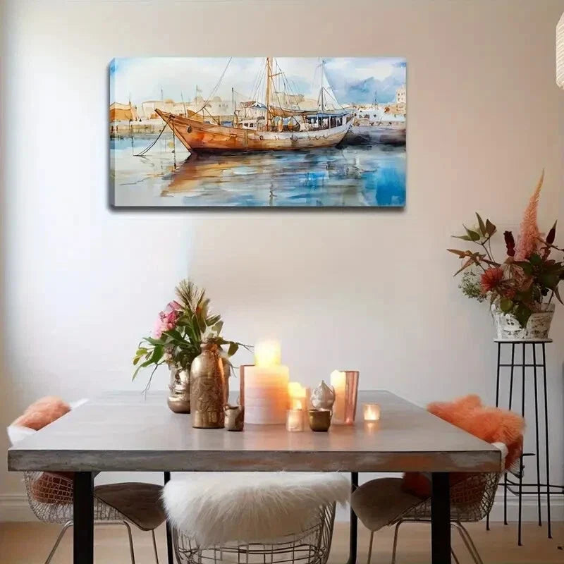 Traditional Sailboat at Harbor Wall Art Canvas Office Home Room Framed 120x60cm