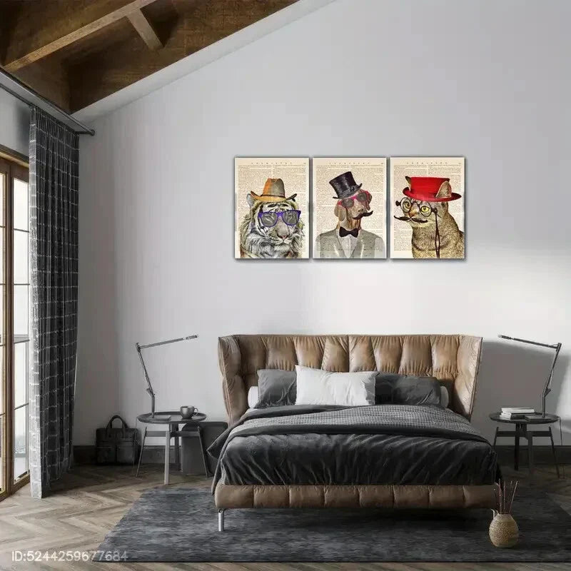 3pcs Humorous Animal Portraits with Glasses & Hats Metal Print Ready to Hang Art