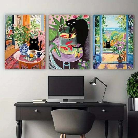 3pcs Modern Henri Matisse Cat Wall Art Set Canvas Framed 40x60cm - High Quality Print 100% Australian Made Wall Canvas Ready to Hang