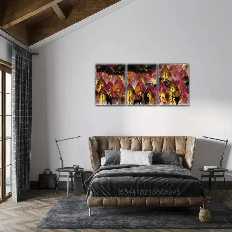 3pcs Sika deer, forest, Blue Forest Metal Print Ready to Hang Art