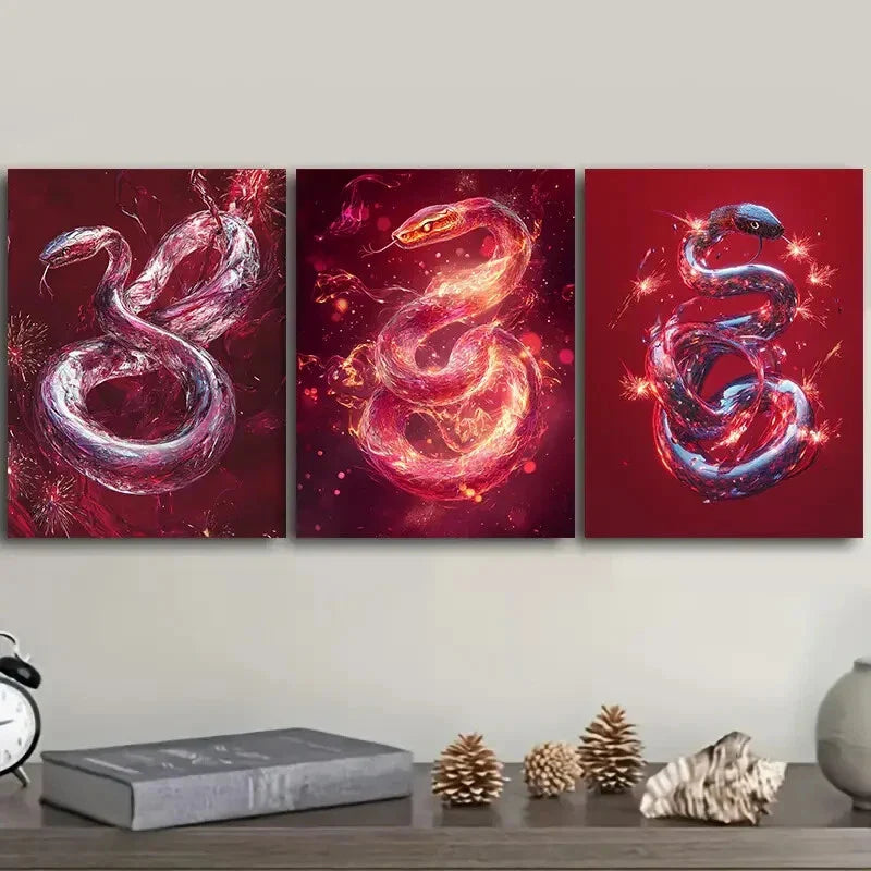 3pcs A red crystal snake Wall Art Set Canvas Framed 40x60cm - High Quality Print 100% Australian Made Wall Canvas Ready to Hang