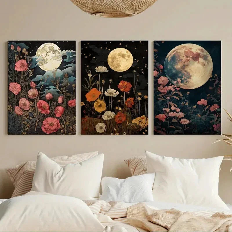 3pcs Moon and Flowers Wildflowers, and Forest Metal Print Ready to Hang Art