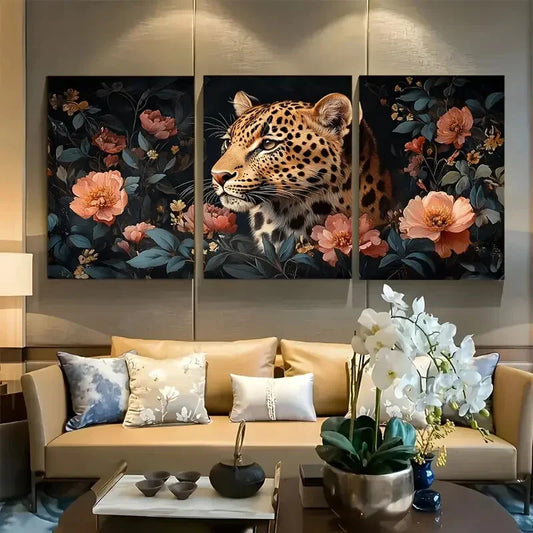 3pcs Regal Leopard Portrait Dark Floral Metal Print Ready to Hang Art