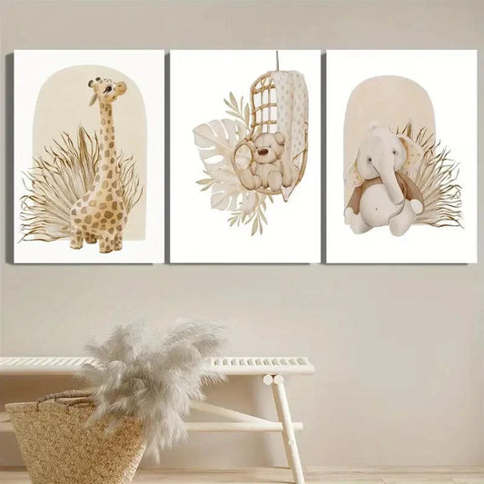 3pcs Cartoon Giraffe Bear Elephant Metal Print Ready to Hang Art