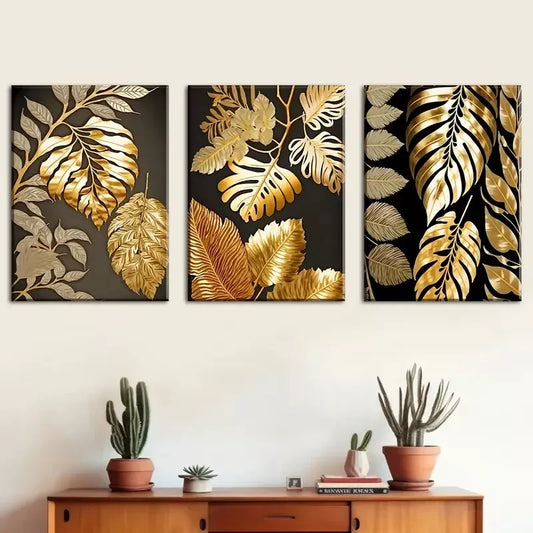 3pcs light luxury Golden leaves and flowers Wall Art Set Canvas Framed 40x60cm - High Quality Print 100% Australian Made Wall Canvas Ready to Hang