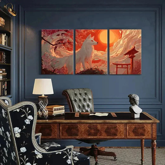 3pcs White Fox, Cherry Blossoms Sunset Sky Metal Print Ready to Hang Art