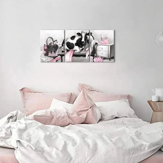 3pcs Poster Elegant Cow with Pearl Crown Perfum Metal Print Ready to Hang Art