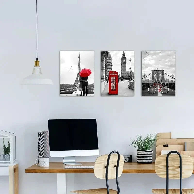 3pcs Romantic Couple, London Bicycle, Big Ben Metal Print Ready to Hang Art