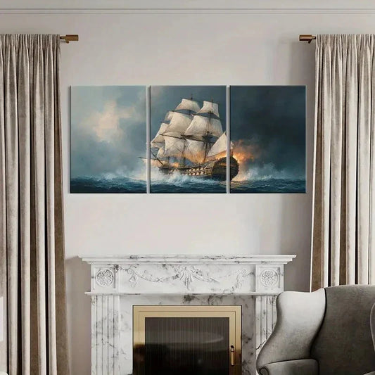 3pcs Adventure Vintage Ship Stormy Sea Metal Print Ready to Hang Art