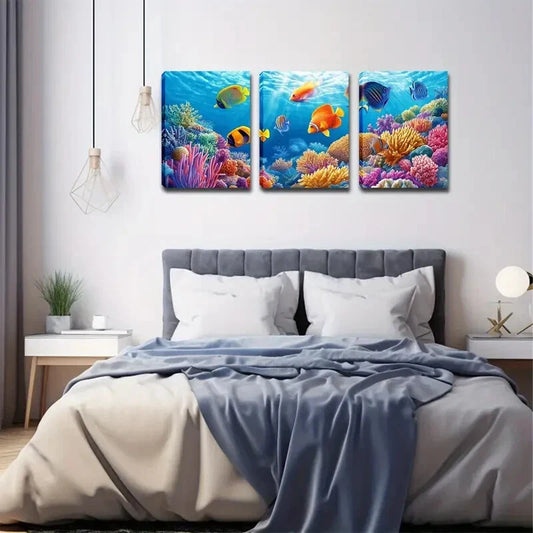 3pcs Colorful Fish of the Sea Wall Art Set Canvas Framed 40x60cm - High Quality Print 100% Australian Made Wall Canvas Ready to Hang