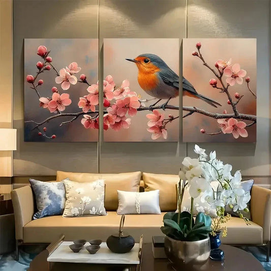 3pcs Robin Painting Apple Blossom Flowers Metal Print Ready to Hang Art