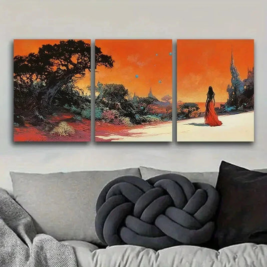 3pcs Vibrant Alien Landscape Silhouette Figure Metal Print Ready to Hang Art