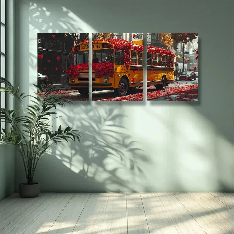 3pcs School bus, rose Art Painting Metal Print Ready to Hang Art