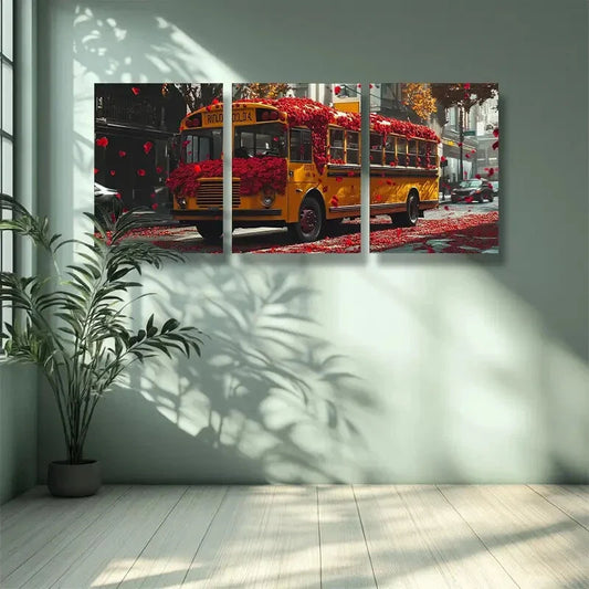 3pcs School bus, rose Art Painting Metal Print Ready to Hang Art
