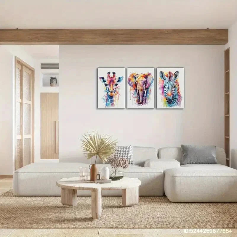 3pcs Elephant Zebra Giraffe Colorful Animal Metal Print Ready to Hang Art