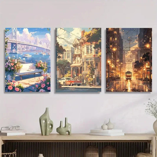 3pcs City Scenery in Animation, Metal Print Ready to Hang Art