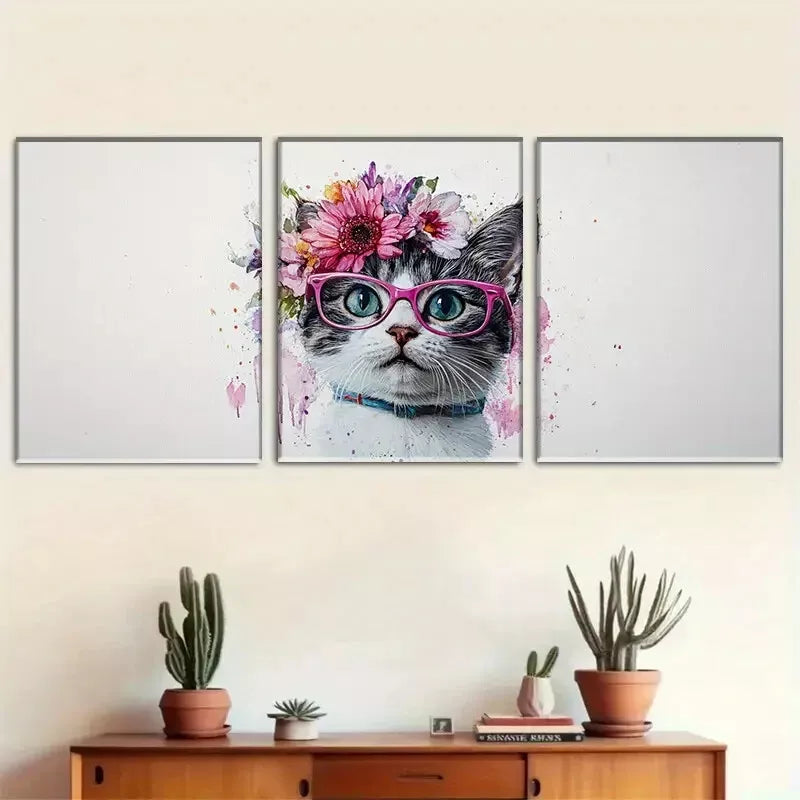 3pcss crown of vibrant flowers Fashionable Kitty Wall Art Set Canvas Framed 40x60cm - High Quality Print 100% Australian Made Wall Canvas Ready to Hang