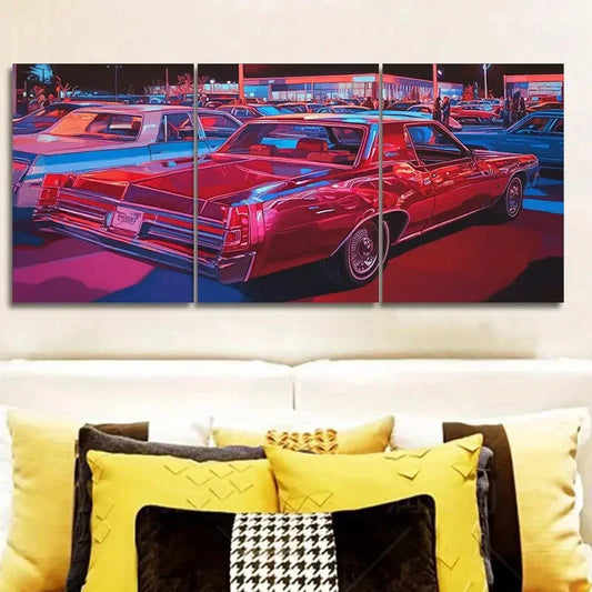 3pcs Vibrant Red & Blue Classic Cars in Night Wall Art Set Canvas Framed 40x60cm - High Quality Print 100% Australian Made Wall Canvas Ready to Hang