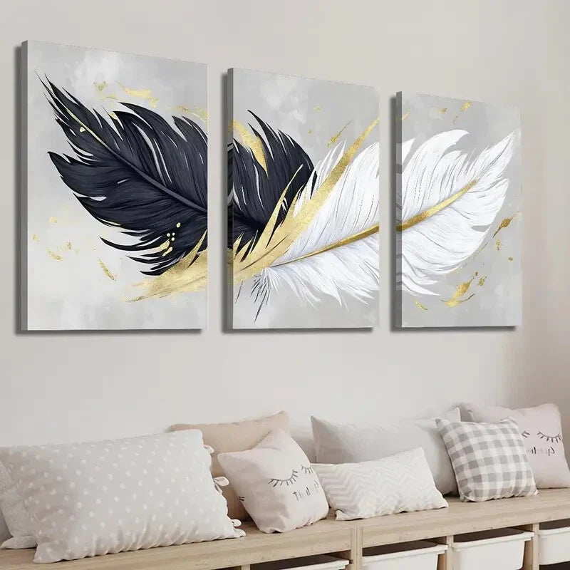 3pcs Abstract Black And White Golden Feather Wall Art Set Canvas Framed 40x60cm - High Quality Print 100% Australian Made Wall Canvas Ready to Hang