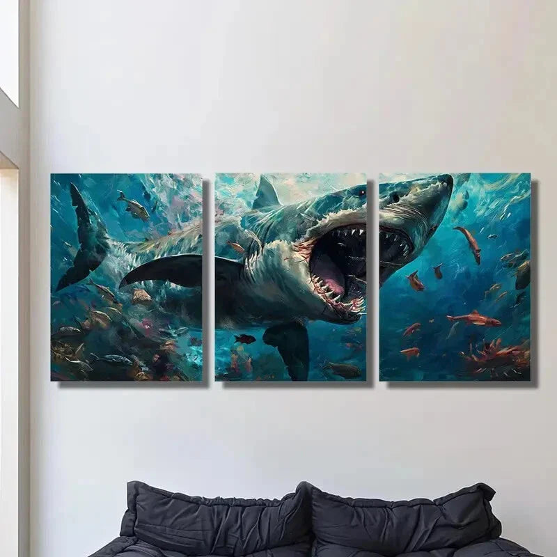 3pcs Classic Modern Style Animal Great White Shark Metal Print Ready to Hang Art