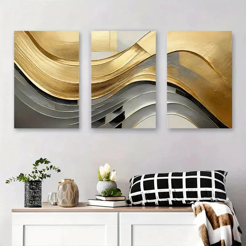 3pcs Golden and Silvery Wavy Design Metal Print Ready to Hang Art