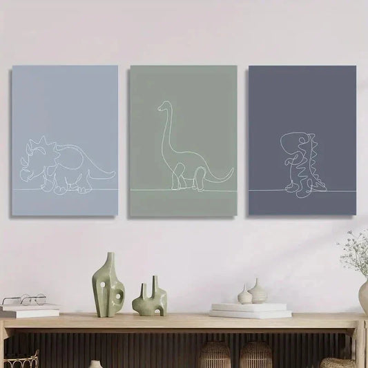 3pcs Minimalist Line Drawings of Dinosaurs Metal Print Ready to Hang Art