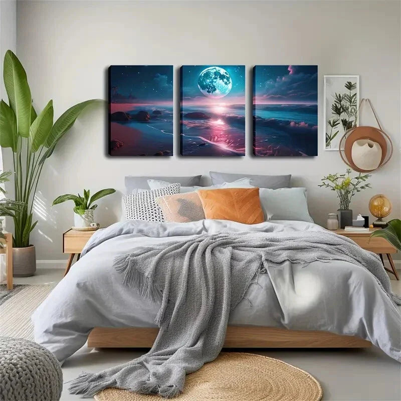 3pcs Bright Big Moon, Beach Wall Art Set Canvas Framed 40x60cm - High Quality Print 100% Australian Made Wall Canvas Ready to Hang