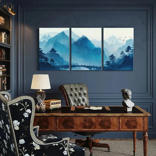 3pcs Asian Landscape Traditional Pagoda Scenery Metal Print Ready to Hang Art