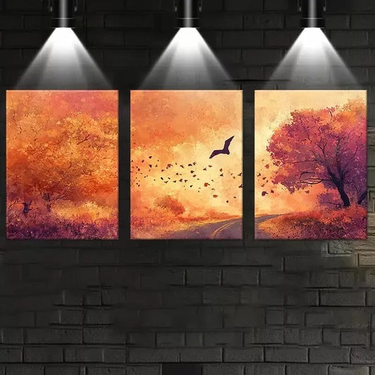 3pcs Vibrant Autumn Path, Trees & Bats Scene Wall Art Set Canvas Framed 40x60cm - High Quality Print 100% Australian Made Wall Canvas Ready to Hang