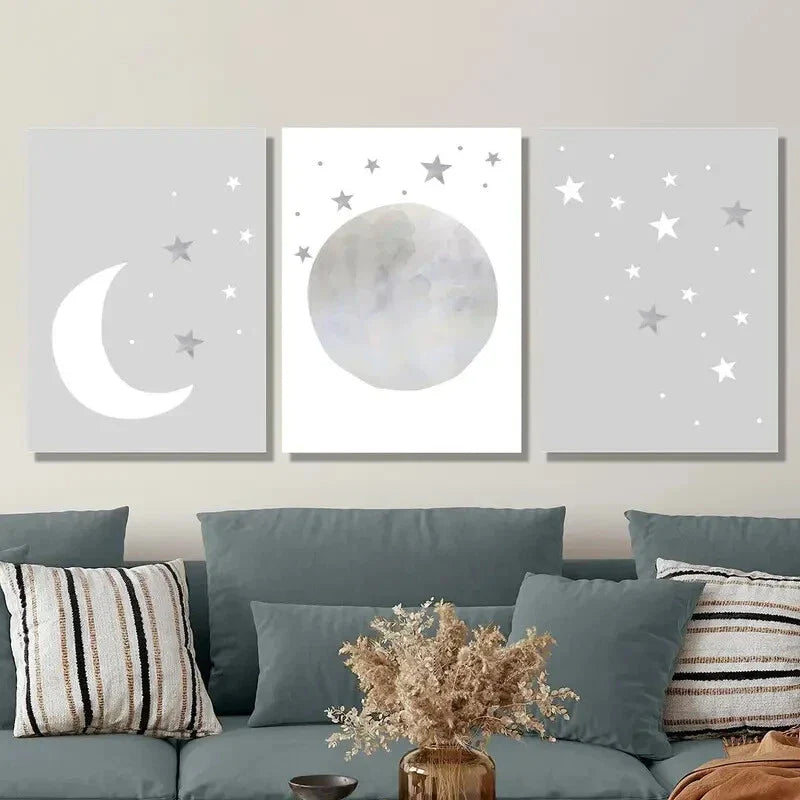 3pcs gray moon and stars, neutral art, Metal Print Ready to Hang Art