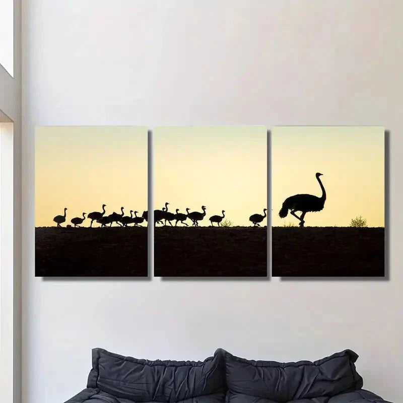 3pcs Ostrich Silhouette with Sunset Landscape Metal Print Ready to Hang Art