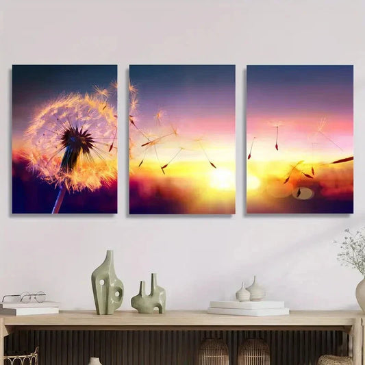 3pcs Dandelion Seeds Sunset Metal Print Ready to Hang Art
