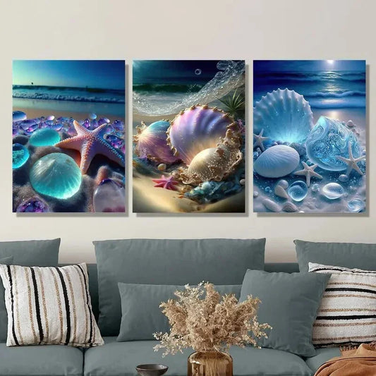 3pcs Vibrant Seashells, Starfish & Seashells Metal Print Ready to Hang Art