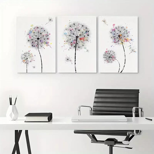 3pcs Dandelions & Watercolor Dots Floral Wilderness Drawings Canvas Framed 40x60cm - High Quality Print 100% Australian Made Wall Canvas Ready to Hang