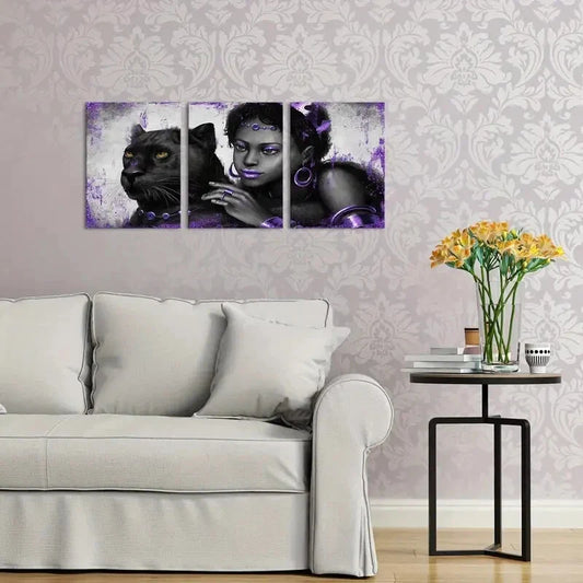3pcs Black Woman with Queen Crown and Panther Metal Print Ready to Hang Art