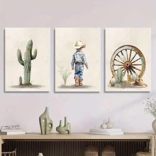 3pcs green cactus, cowboy boy western art Metal Print Ready to Hang Art