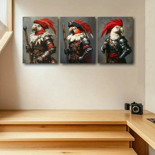 3pcs Vibrant Parrot Pirate Illustrations Metal Print Ready to Hang Art