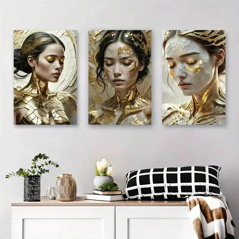 3pcs Elegant Abstract Faces with Golden Shards Metal Print Ready to Hang Art
