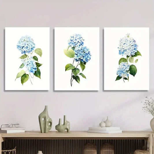 3pcs Blue Hydrangea Floral with Green Leaves Metal Print Ready to Hang Art