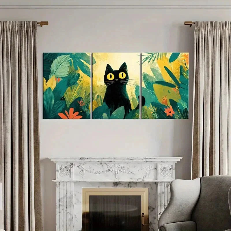 3pcs Black Cat Vibrant Tropical Leaves Design Metal Print Ready to Hang Art