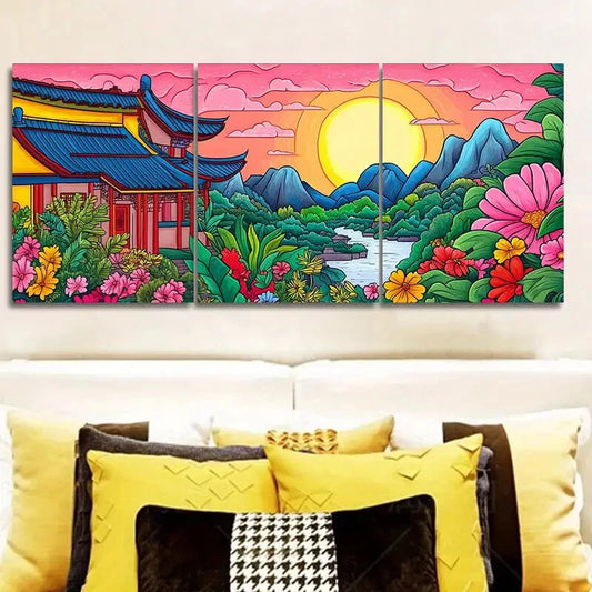 3pcs Colorful ancient Chinese buildings Wall Art Set Canvas Framed 40x60cm - High Quality Print 100% Australian Made Wall Canvas Ready to Hang