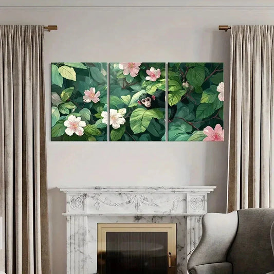 3pcs Jungle Scene Monkey Amidst Lush Greenery Metal Print Ready to Hang Art
