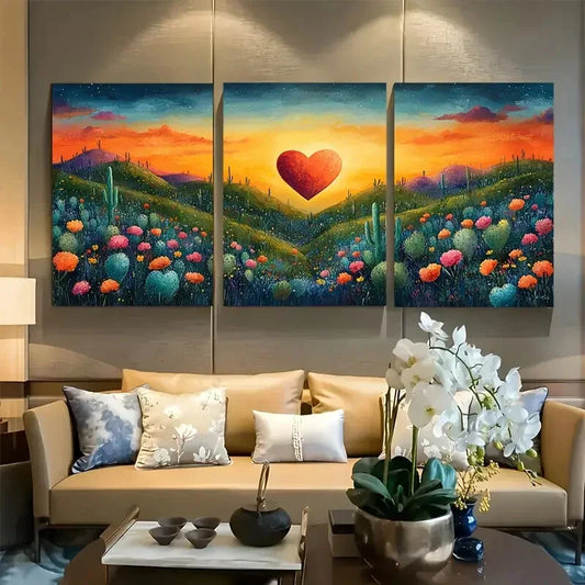 3pcs Vibrant Heart Shaped Cactus Garden Metal Print Ready to Hang Art