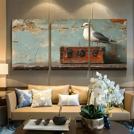 3pcs Seagull with Antique Treasure Metal Print Ready to Hang Art