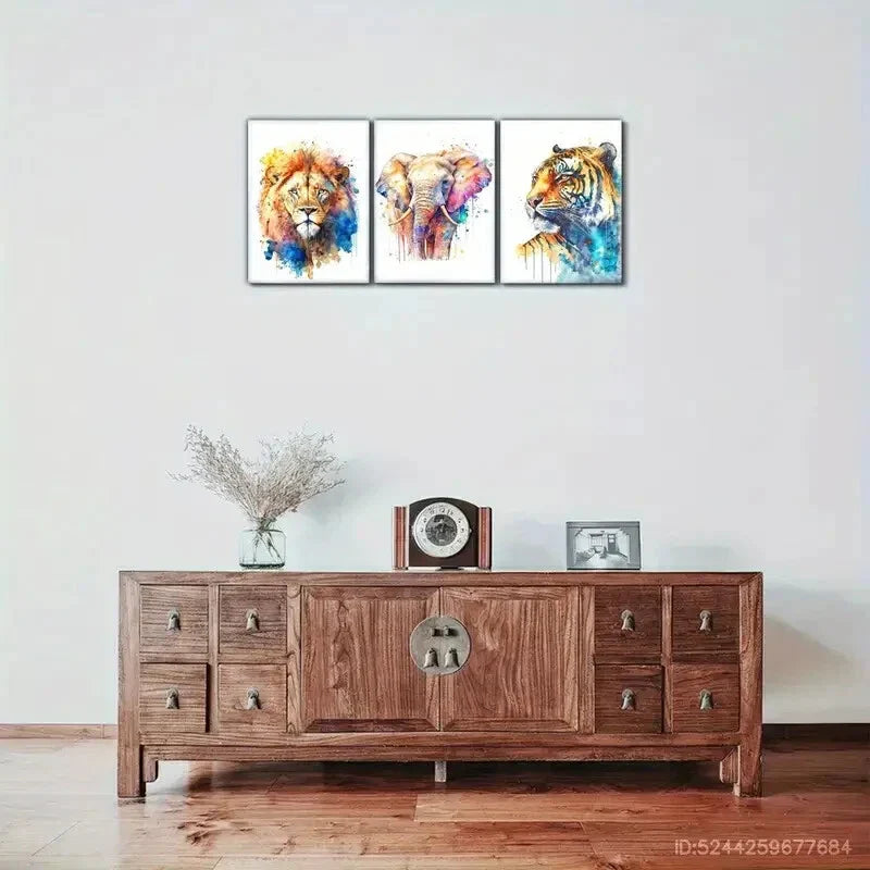 3pcs Tiger Elephant Lion Colorful Animal Metal Print Ready to Hang Art