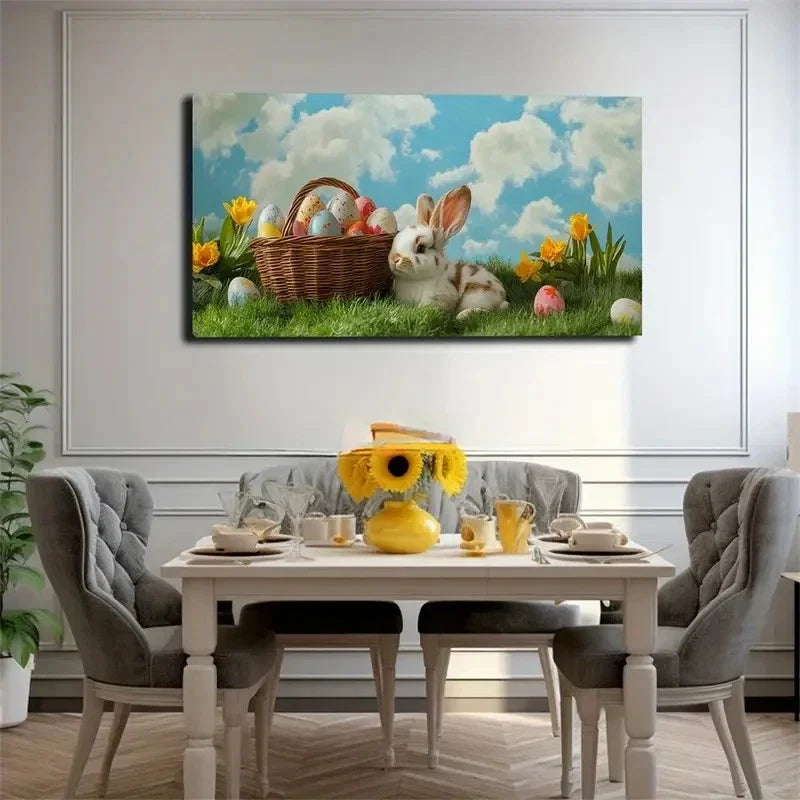 Rabbit On Green Grass Easter Wall Art Canvas Office Home Room Framed 80x45cm